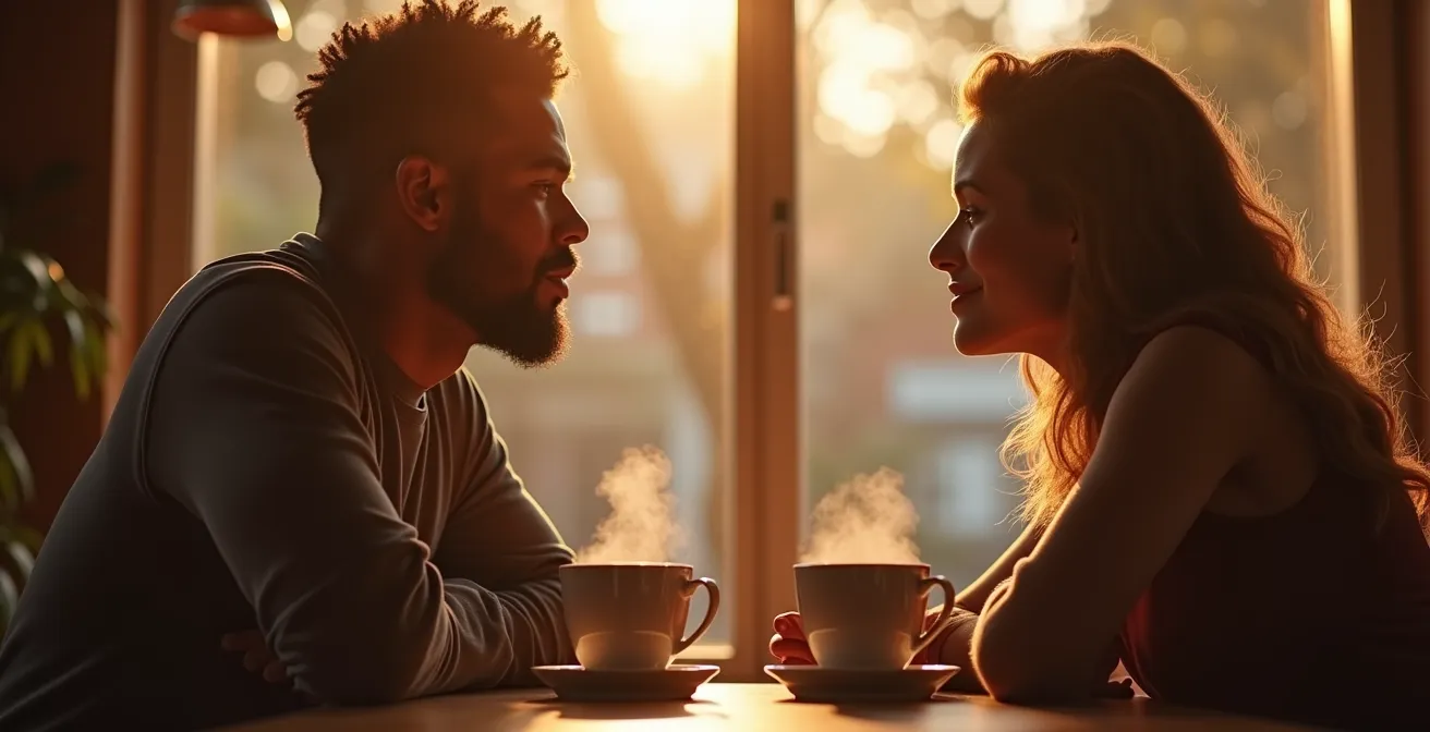 Un couple mixte discutant sincèrement dans un café chaleureux