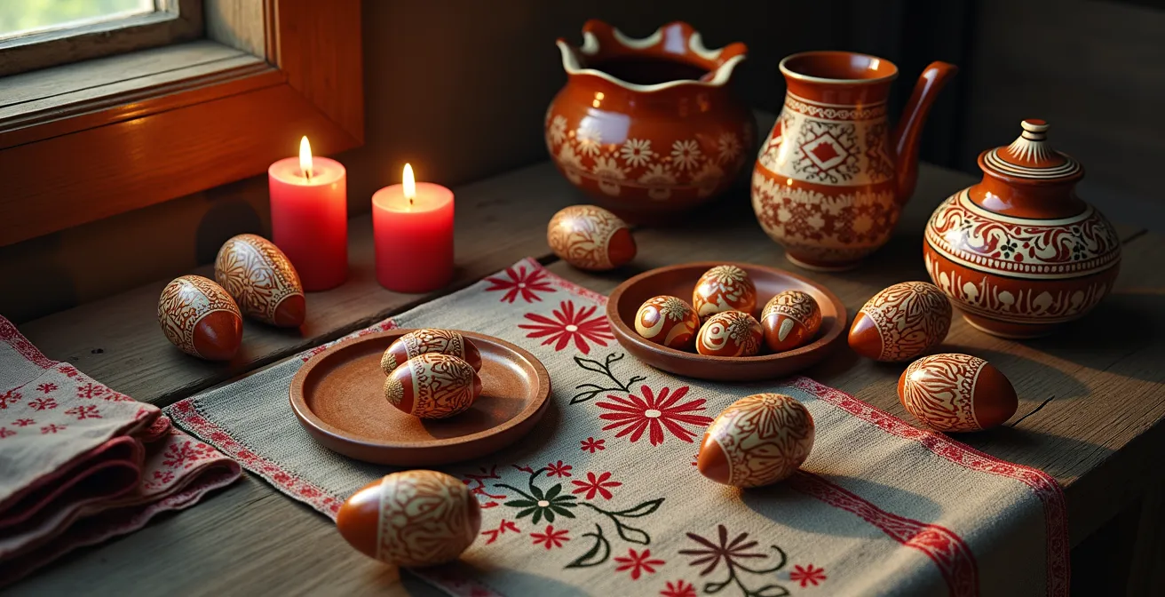 Objets traditionnels d’Europe de l’Est disposés sur une table en bois